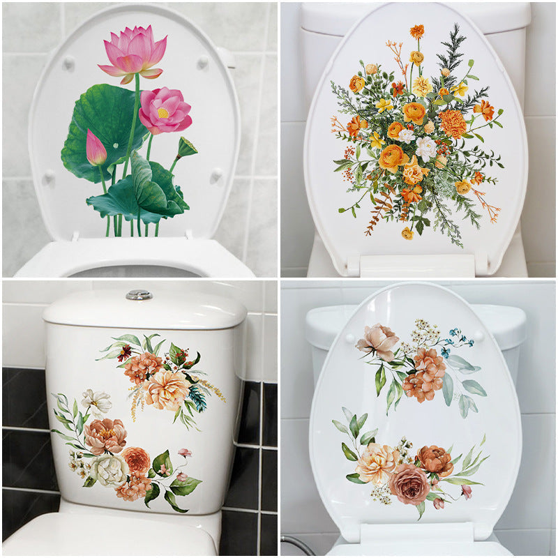 Self-adhesive vinyl toilet decor in floral pattern