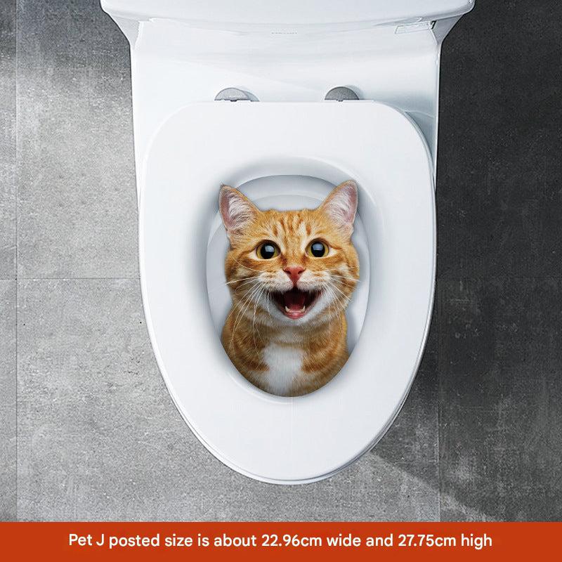bathroom with 3D cat sticker on toilet