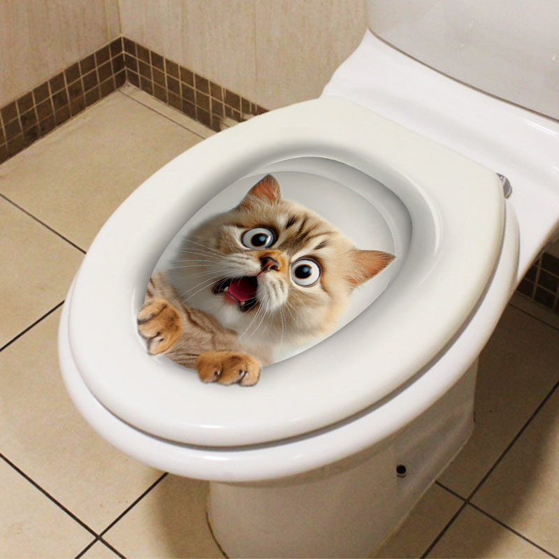 bathroom with 3D cat sticker on toilet