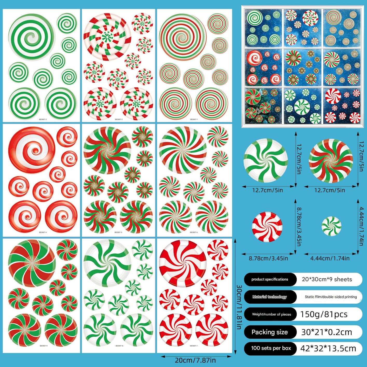 Multiple designs of holiday window clings