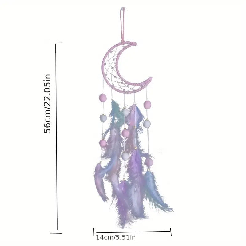 completed feather wind chime hanging in a child's room