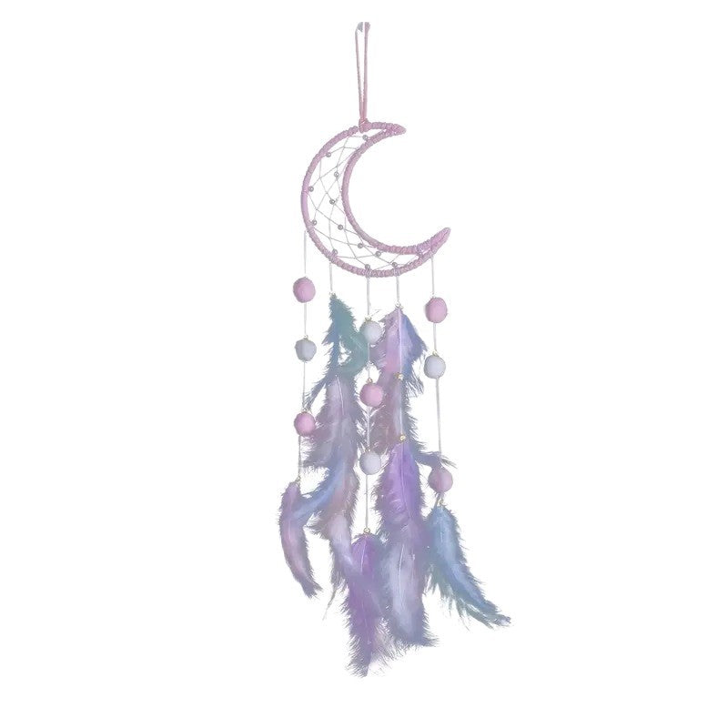 multi-coloured feather wind chime displayed indoors