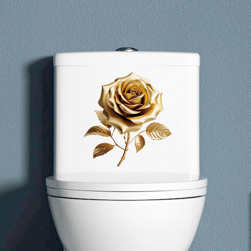 Gold rose wall sticker installed on toilet tank