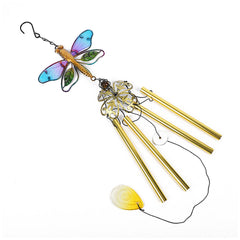 Vibrant metal and glass wind chime close-up view