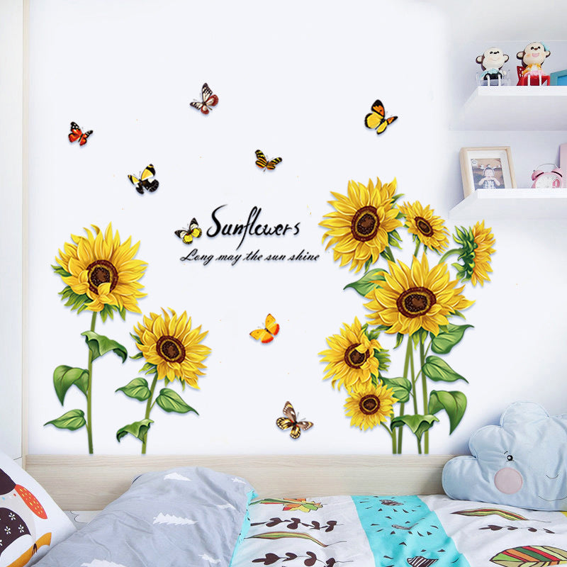 Close-up of sunflower wall art sticker on white wall
