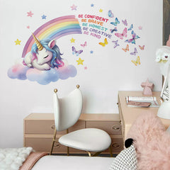 Colourful unicorn wall art in a playroom setting