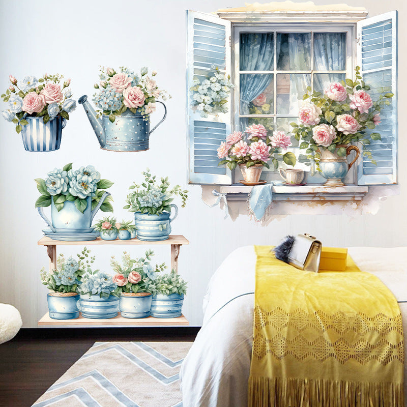 Close-up view of blue floral wall sticker design