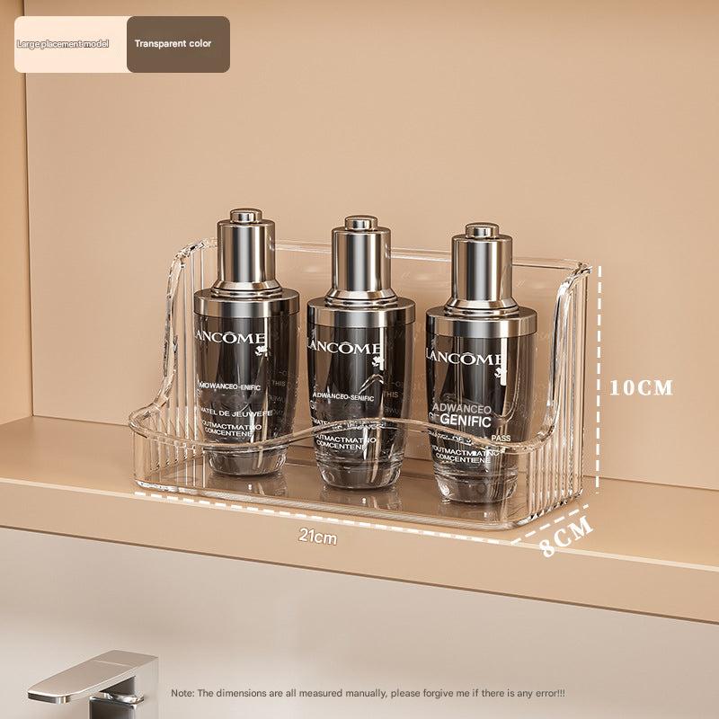 Image of transparent wall-mounted makeup organiser from an angle
