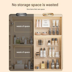 Close-up of the clear acrylic makeup organiser with cosmetics