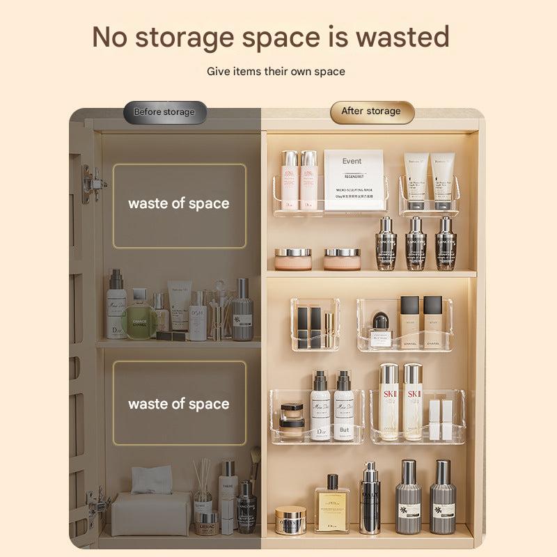 Close-up of the clear acrylic makeup organiser with cosmetics