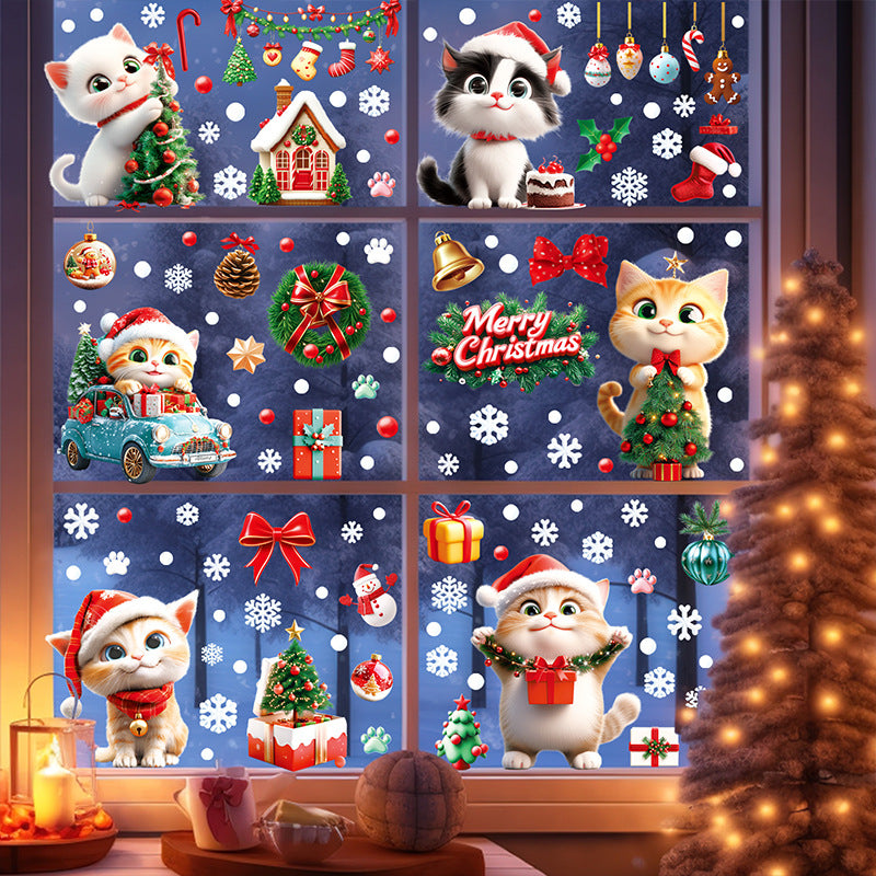 Festive window with static cling cat decorations