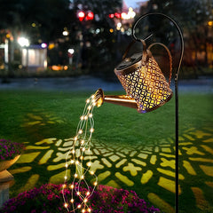 Solar garden lantern glowing at night