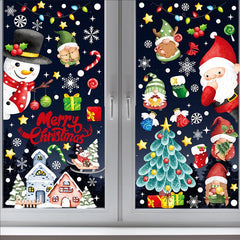 festive holiday window with Santa clings