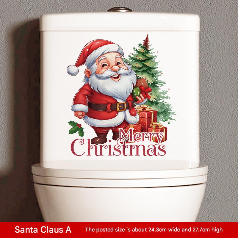 installation of Santa bathroom sticker on toilet