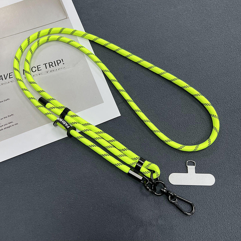Close up of phone attached to adjustable lanyard