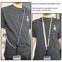 Close up of phone attached to adjustable lanyard