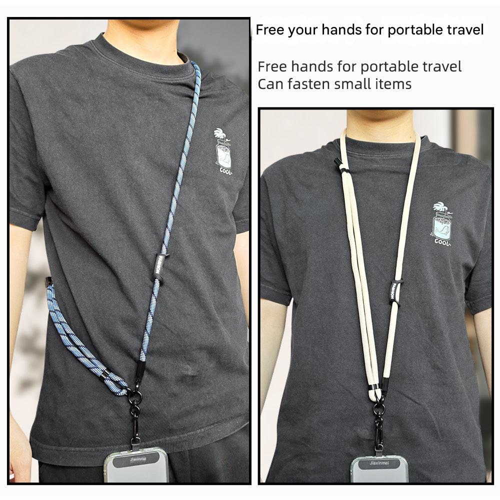 Close up of phone attached to adjustable lanyard