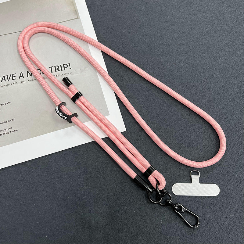 Different colours of mobile phone lanyards displayed