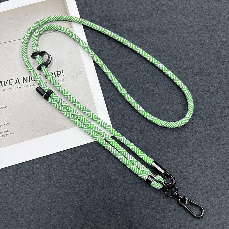 Close up of phone attached to adjustable lanyard