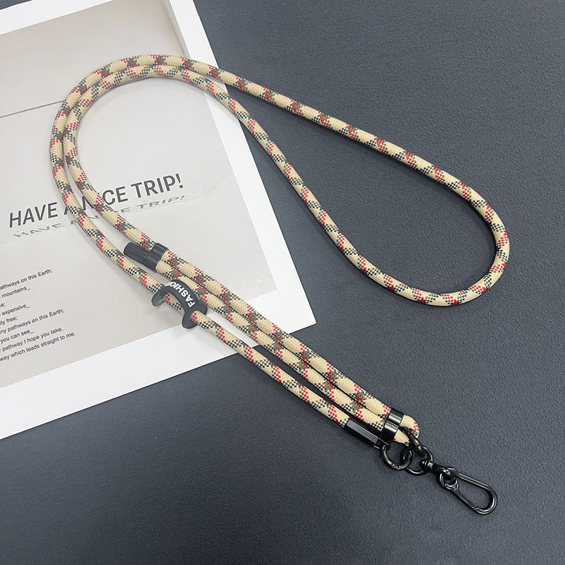 Close up of phone attached to adjustable lanyard