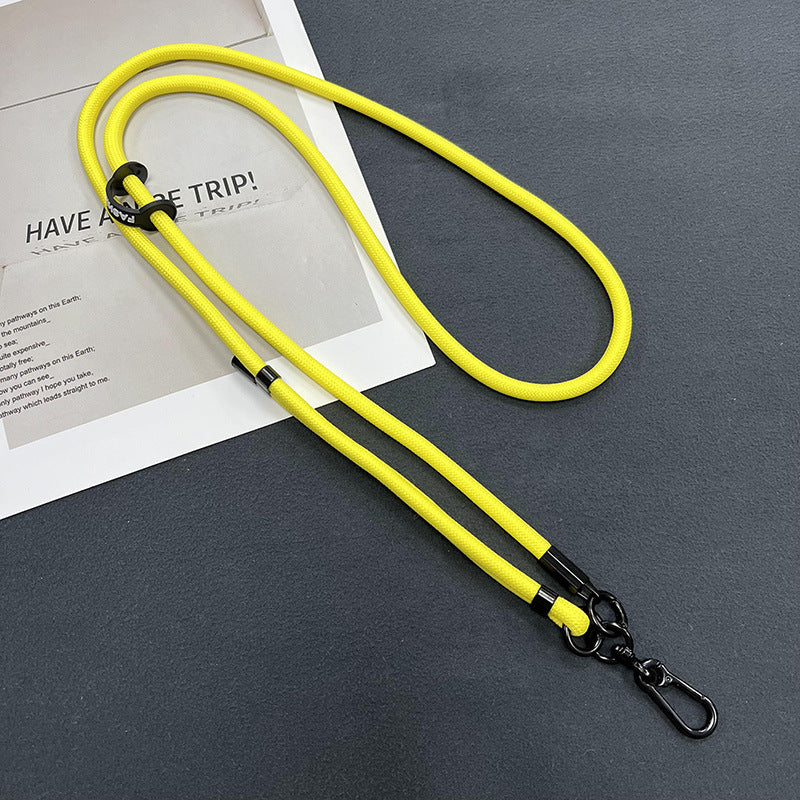 Close up of phone attached to adjustable lanyard