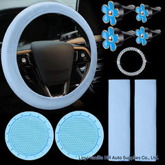 colourful shoulder pads and cup holder in car