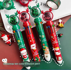 Close-up of Christmas-themed pens featuring Santa Claus
