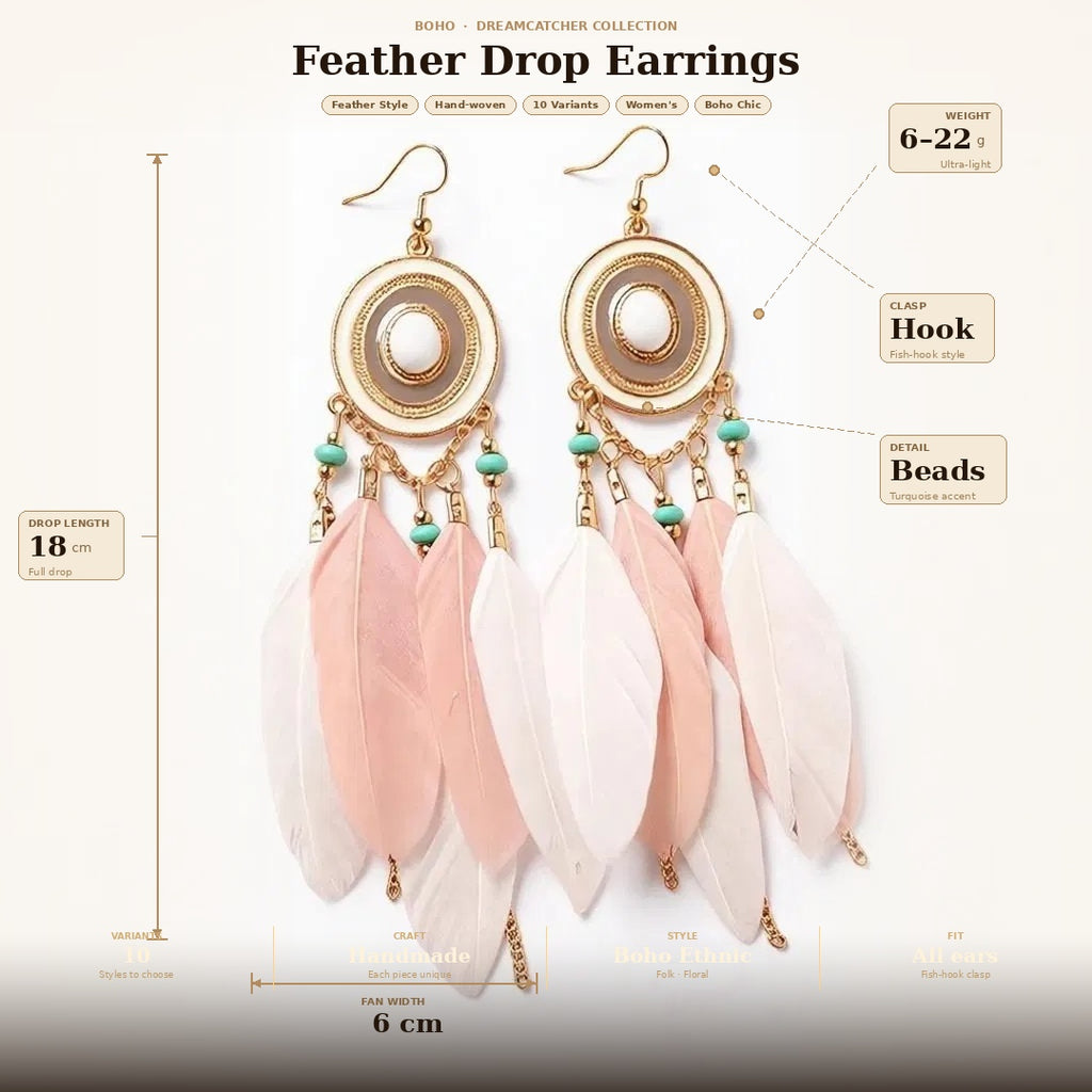 Bohemian Feather Earrings – White Long Tassel