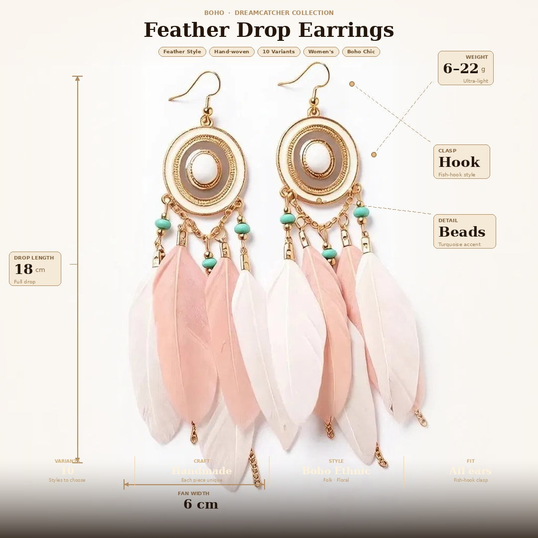 Bohemian Feather Earrings – White Long Tassel